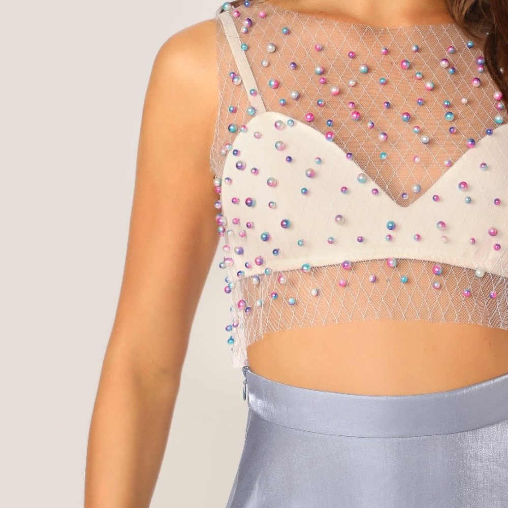 Mermaid Pearl Beaded Crop Top (L)